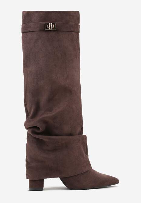 Brązowe Marszczone Kozaki na Słupkowym Obcasie z Wywiniętą Cholewką Runella