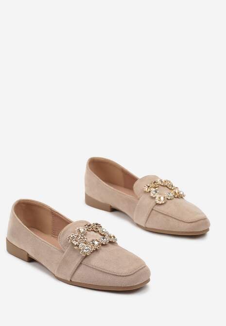 Ciemnobeżowe Mokasyny na Płaskiej Podeszwie z Klamrą z Cyrkonii Pyrisa