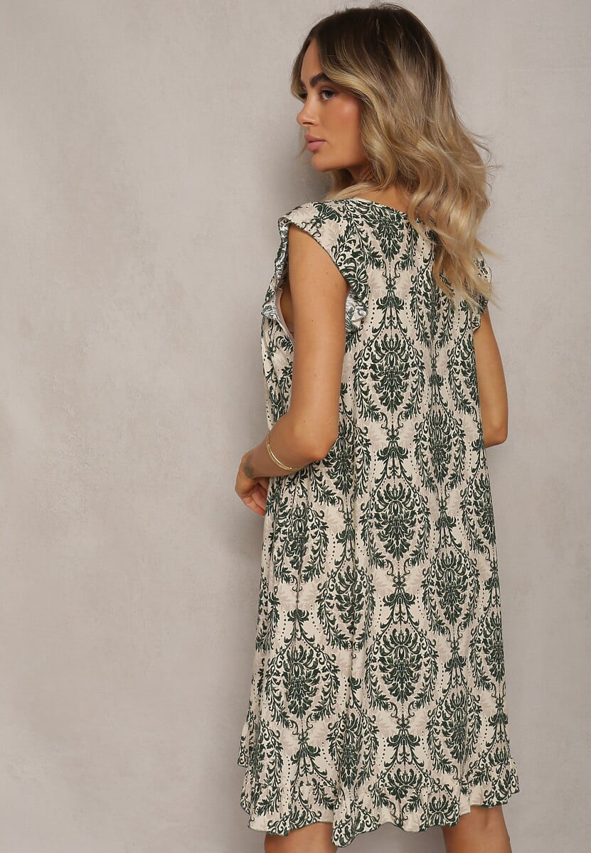 Zielono-Beżowa Boho Sukienka z Bawełny na Ramiączkach Ozdobiona Falbanką Testalaya