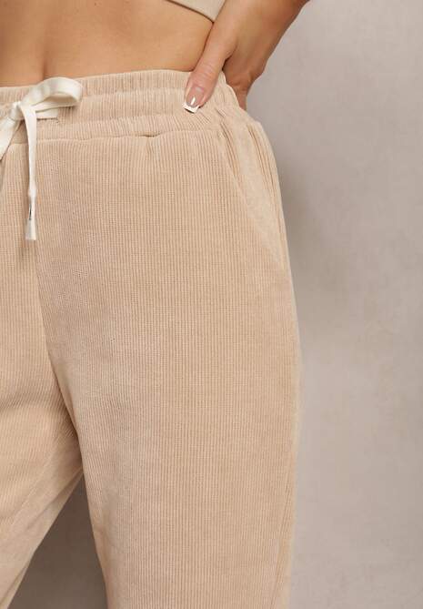 Jasnobeżowe Szerokie Spodnie Sztruksowe z Gumką w Pasie z Bawełny Ciriana