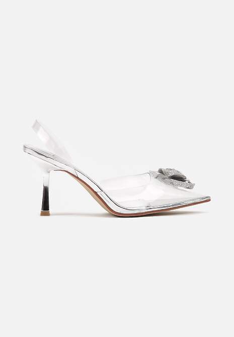 Srebrne Czółenka na Szpilce z Transparentnymi Wstawkami i Ozdobnym Kwiatem z Cyrkoniami Arsisna