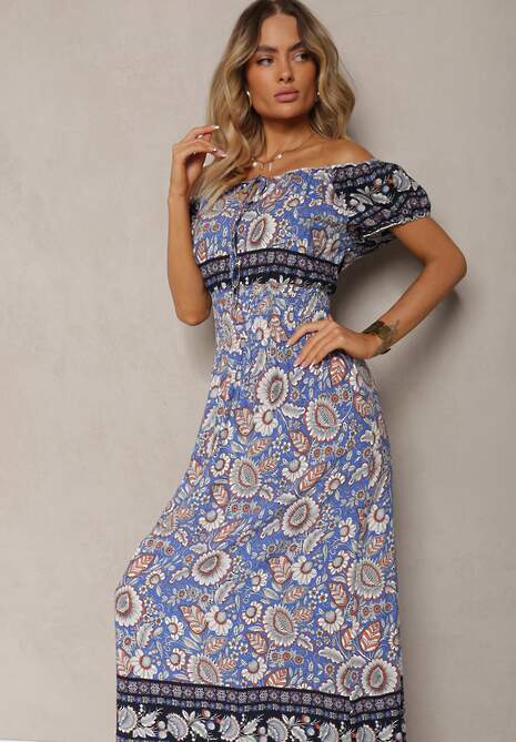 Niebieska Sukienka z Bawełny z Gumką w Pasie i Wiązaniem przy Dekolcie Hiletta