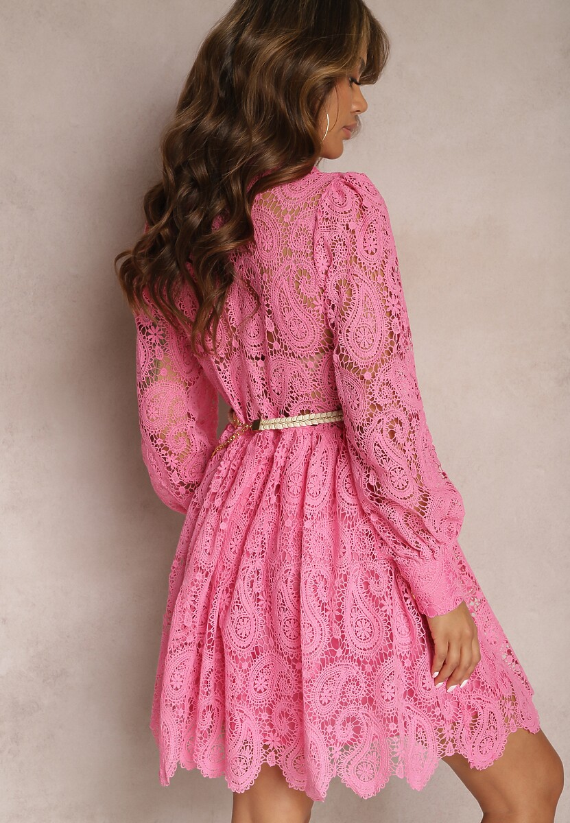 Różowa Koszulowa Sukienka Koronkowa z Paskiem Elvila