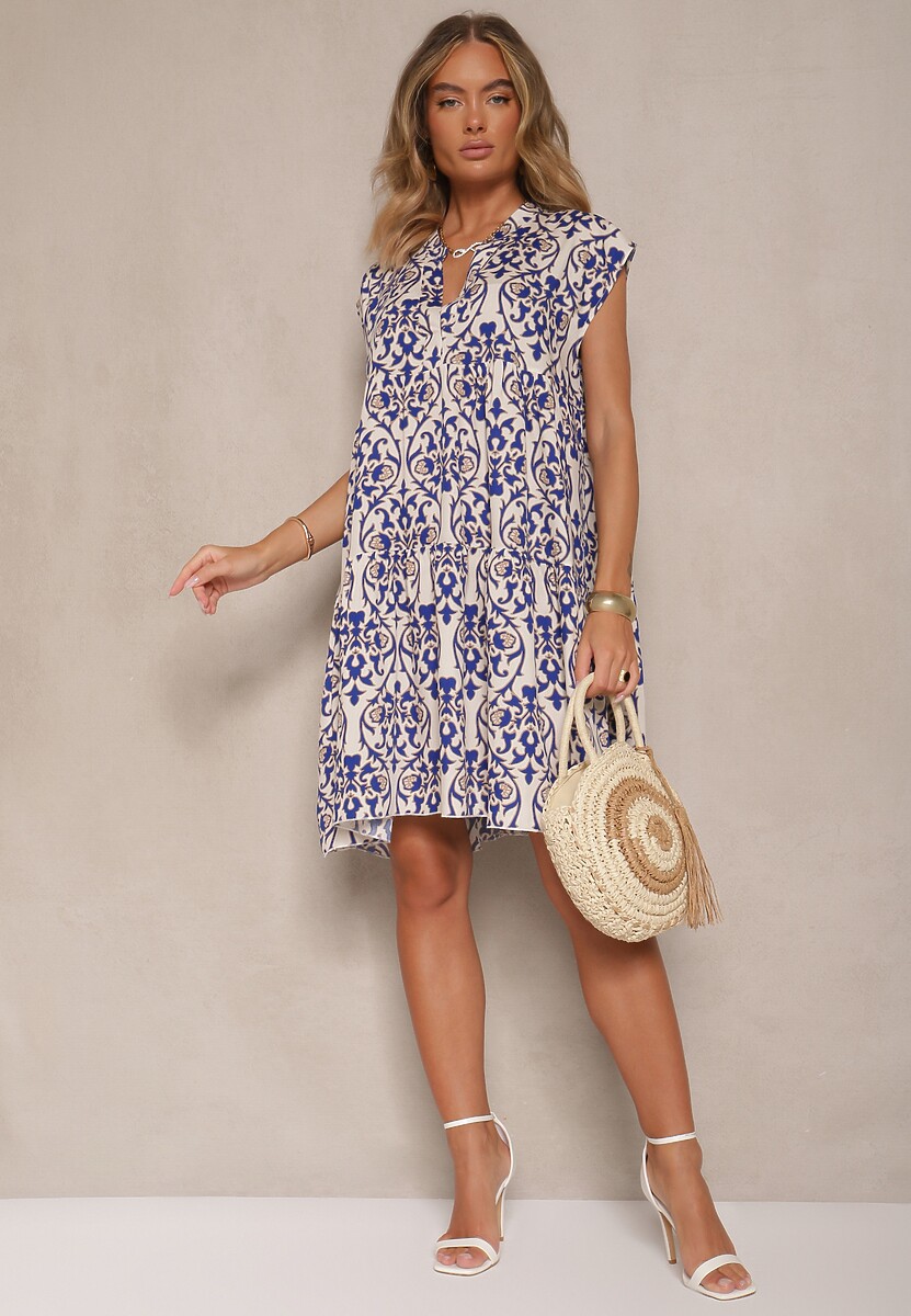 Niebieska Rozkloszowana Sukienka z Bawełny z Falbanką  Livalia