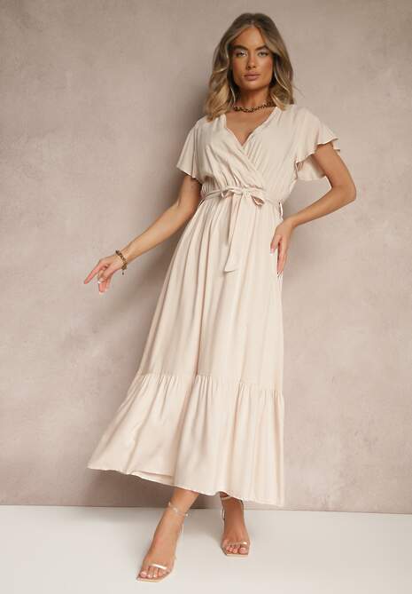 Beżowa Kopertowa Sukienka z Wiskozy Ozdobiona Paskiem Savioneira