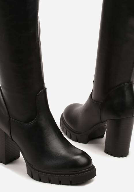 Czarne Kozaki na Słupku i Platformie z Dopasowaną Cholewką Latallea