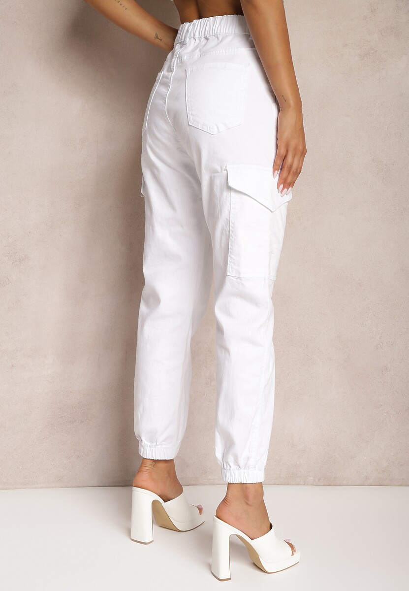 Białe Spodnie Bawełniane o Fasonie Bojówek High Waist z Guzikami Amatnosha