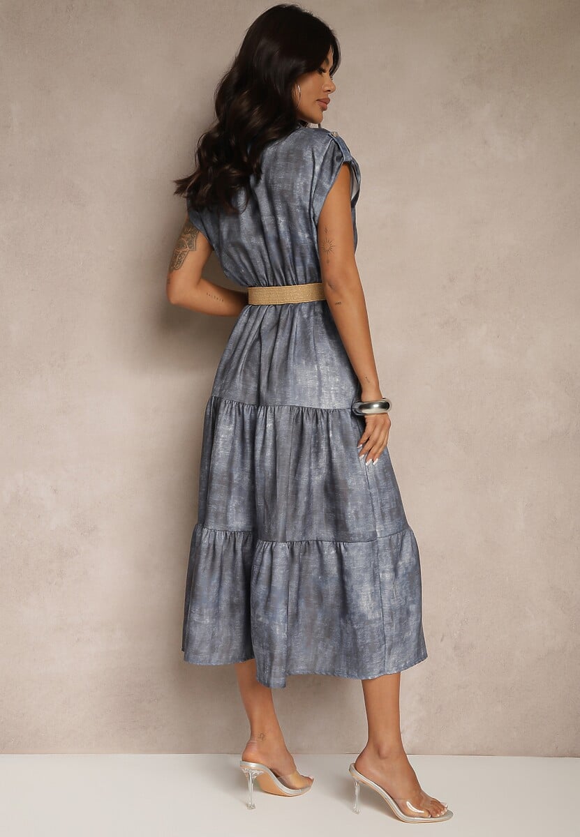 Niebieska Sukienka z Guzikami i Paskiem z Plecionki Fillona