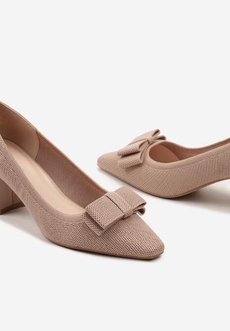 Ciemnobeżowe Czółenka na Niskim Słupku z Ozdobną Kokardką i Wyściółką z Ekoskóry Risala