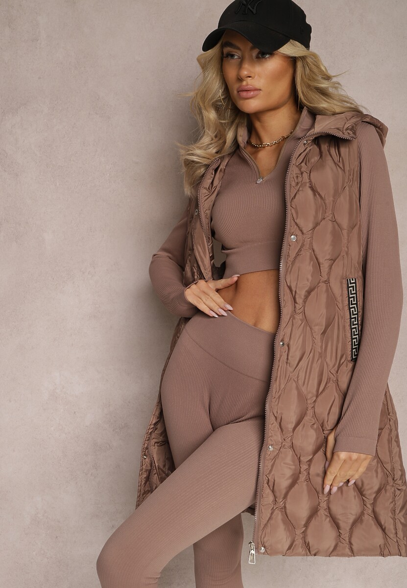 Jasnobeżowa Długa Kamizelka Pikowana z Kapturem Nallona