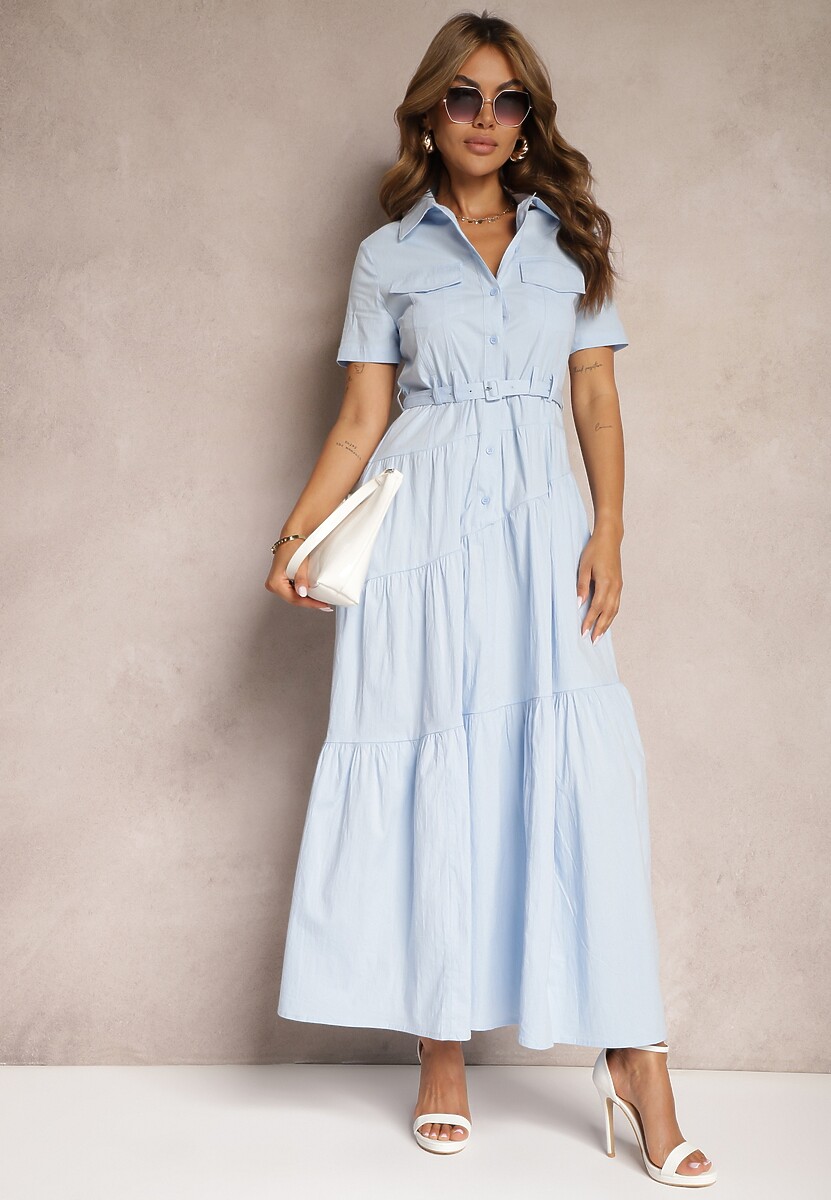 Niebieska Bawełniana Sukienka o Rozkloszowana Zwężana w Talii Nenefia