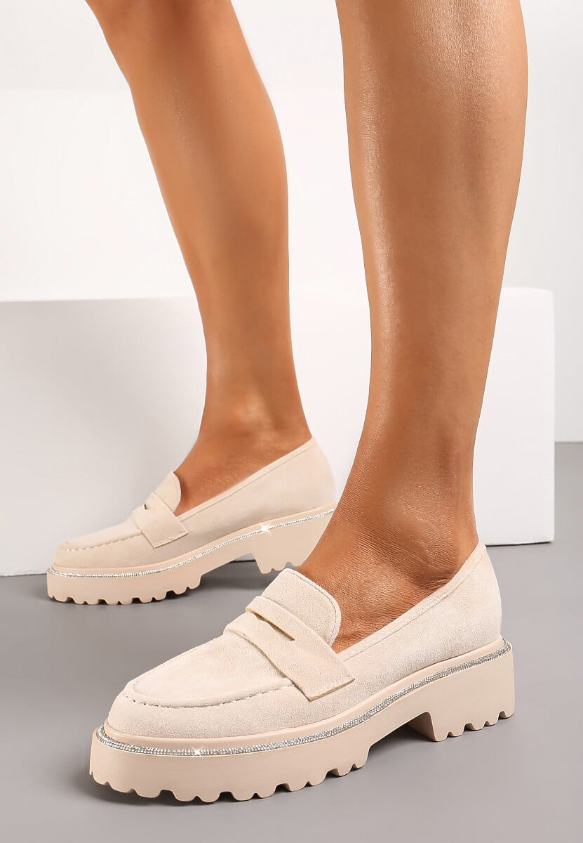 Beżowe Mokasyny z Ekozamszu na Jednolitej Grubej Podeszwie Tiora