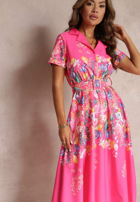 Różowa Rozkloszowana Sukienka Koszulowa w Kwiaty z Paskiem Iosette