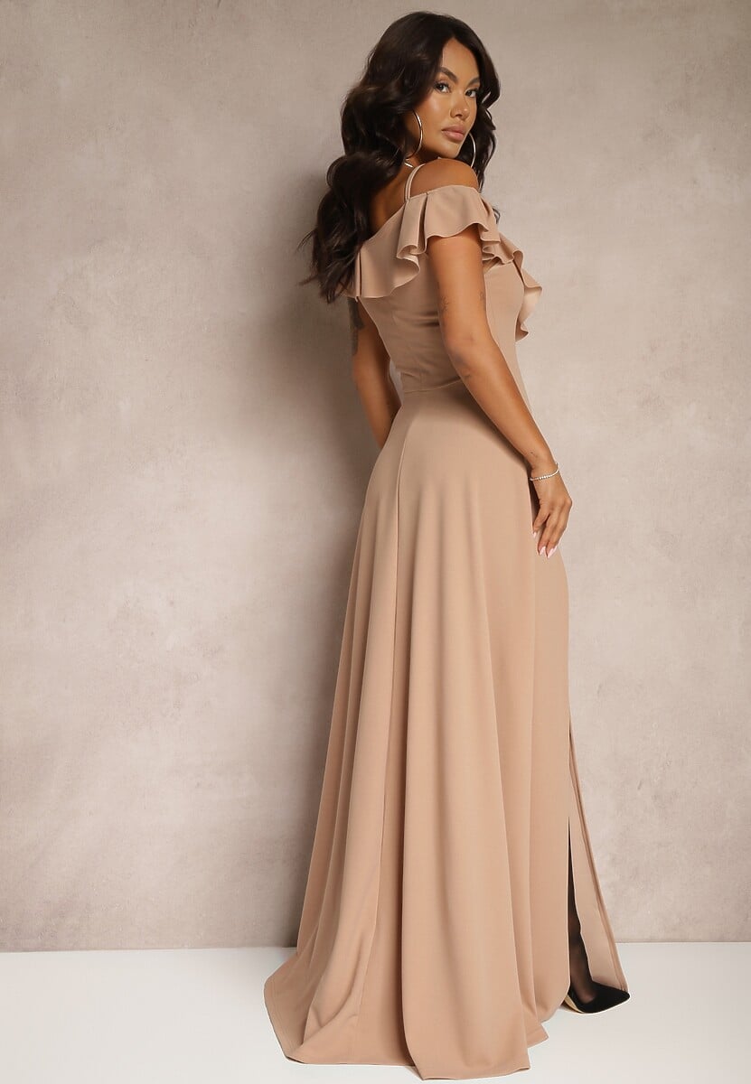 Beżowa Rozkloszowana Sukienka Typu Hiszpanka na Ramiączkach z Rozcięciem Neroli