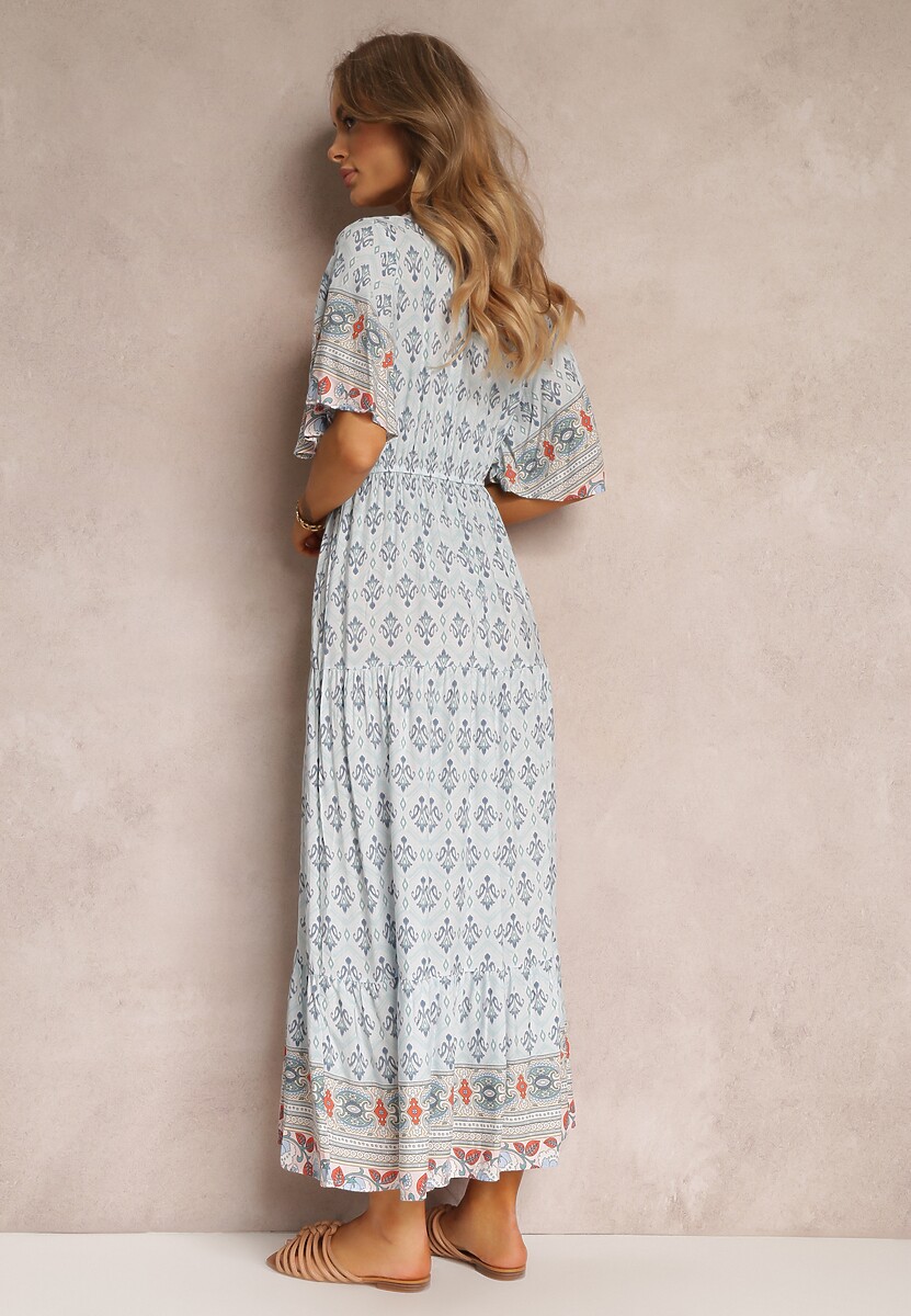 Jasnoniebieska Sukienka Maxi z Krótkim Rękawem i Gumką w Talii Emaya