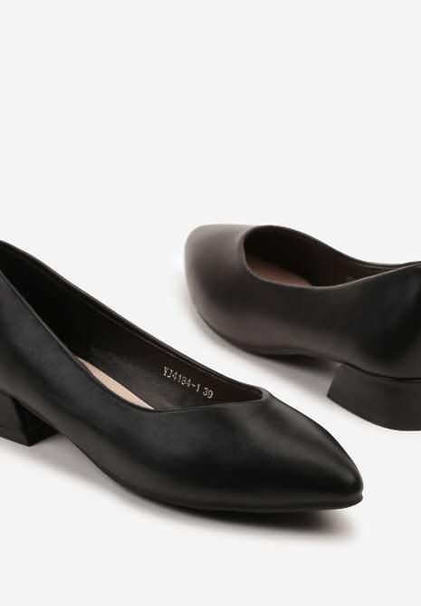 Czarne Błyszczące Czółenka na Niskim Obcasie z Wkładką ze Skóry Naturalnej Falzeri