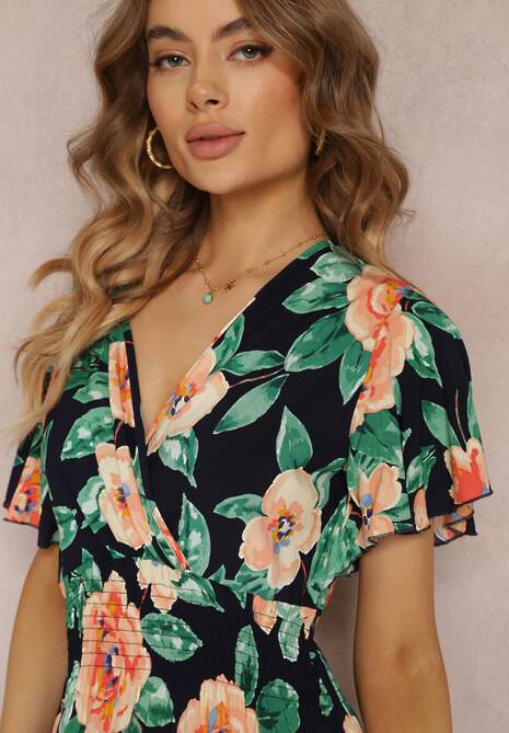 Granatowa Rozkloszowana Sukienka Maxi z Gumkami w Talii i Falbankami Tayte