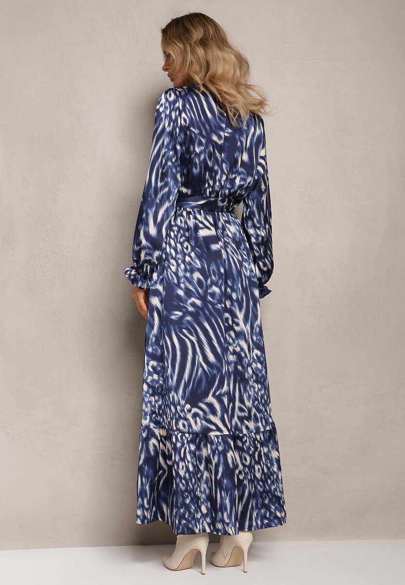 Granatowo-Niebieska Rozkloszowana Sukienka z Gumką w Talii i Kopertowym Dekoltem Janiis