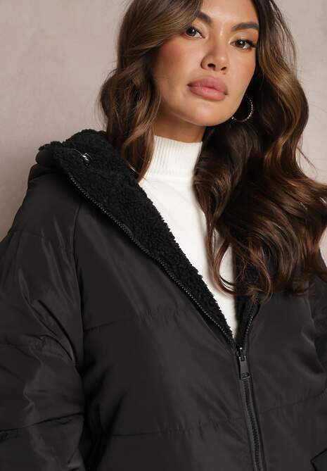 Czarna Ocieplana Kurtka Płaszcz Dwustronna z Kapturem Arisce