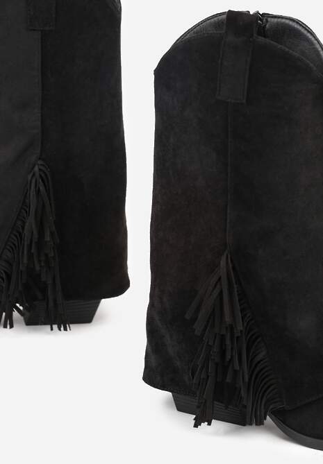 Czarne Botki Kowbojki na Stożku Ozdobione Frędzlami Reielle