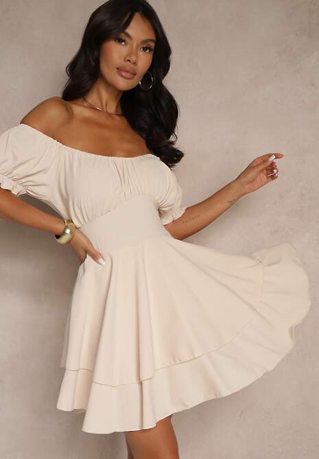 Beżowa Sukienka z Bawełną Ozdobiona Falbankami  i Bufkami Mavilare