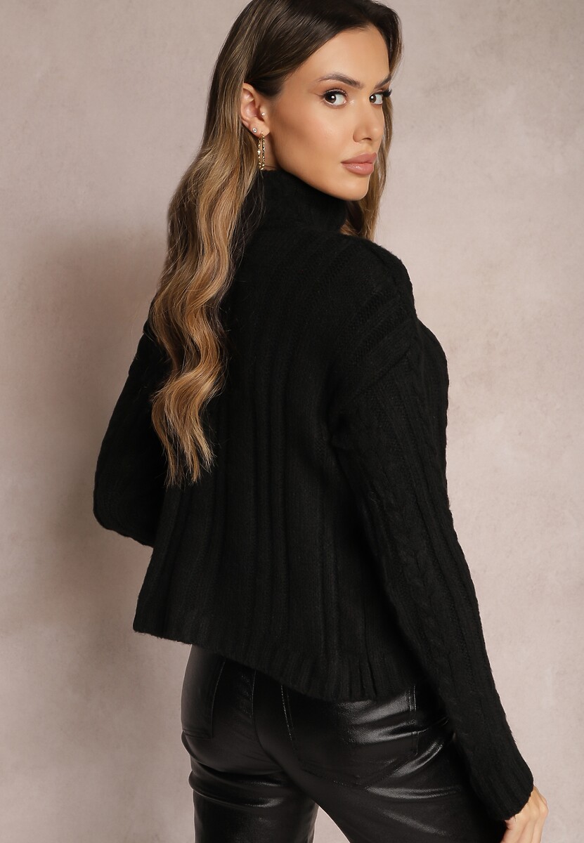 Czarny Golf Dzianinowy w Warkoczykowy Splot Cleva