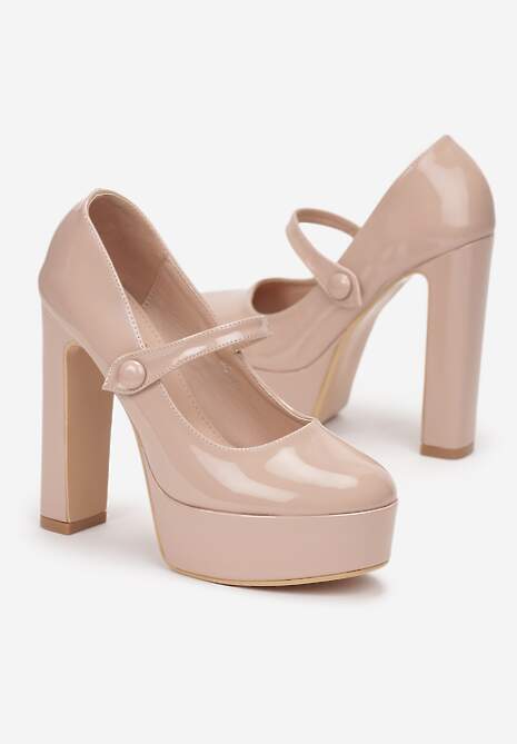 Beżowe Czółenka Lakierowane na Platformie i Słupku Crocco