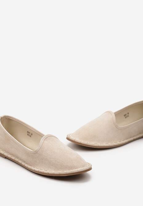 Beżowe Materiałowe Balerinki na Płaskim Obcasie z Okrągłym Noskiem Apreseha