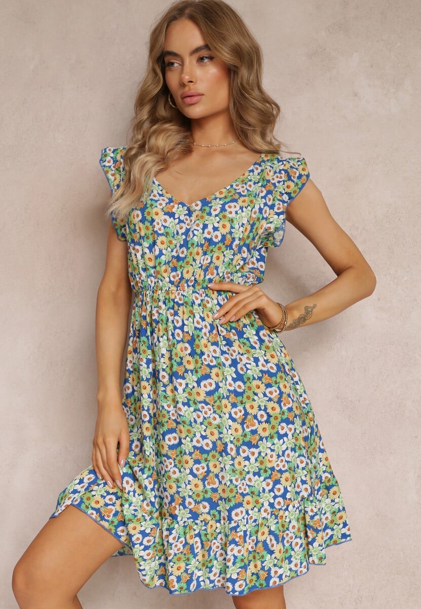 Zielono-Granatowa Bawełniana Sukienka Mini z Gumką w Talii w Kwiaty Ariellia