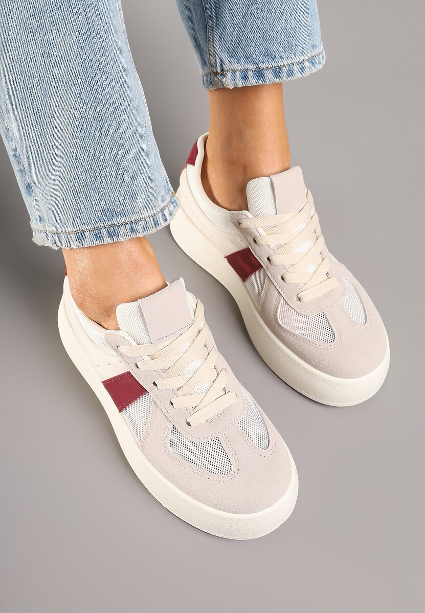 Beżowo-Bordowe Sneakersy Typu Kultowe Tenisówki na Grubej Podeszwie Nanessa