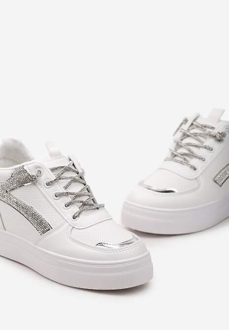 Biało-Srebrne Sneakersy ze Wstawką z Cyrkonii na Ukrytym Koturnie Hricane