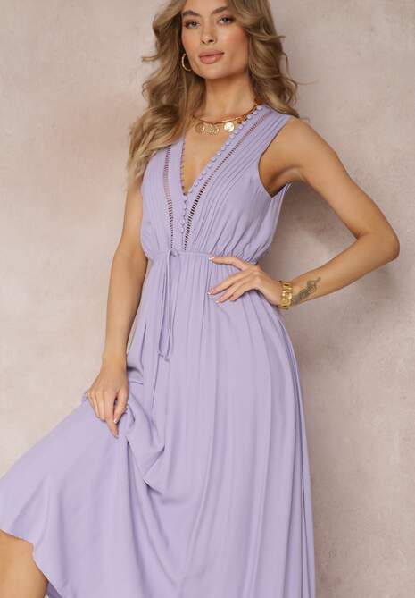 Fioletowa Rozkloszowana Sukienka Maxi z Gumką w Talii i Ozdobnymi Guzikami z Wiskozy Vianna