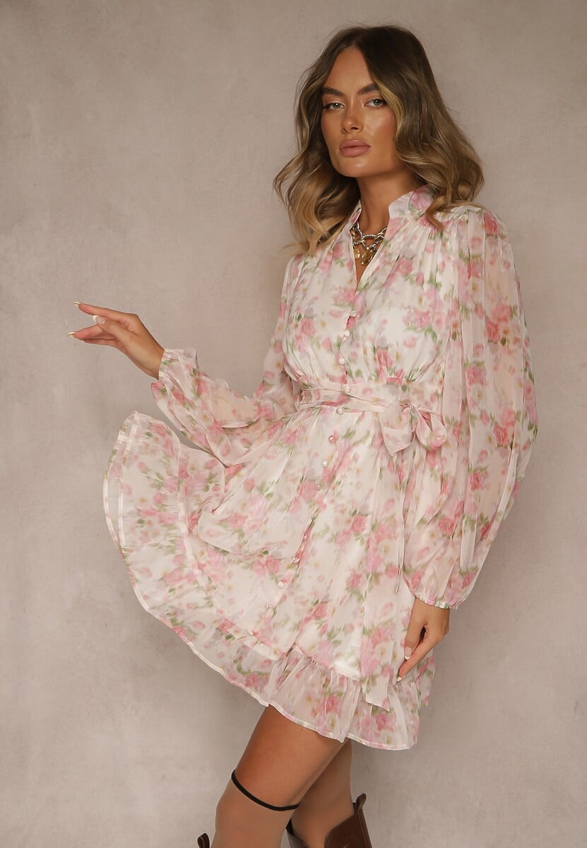 Biało-Niebieska Rozkloszowana Sukienka z Falbankami i Materiałowym Paskiem w Talii Viorena