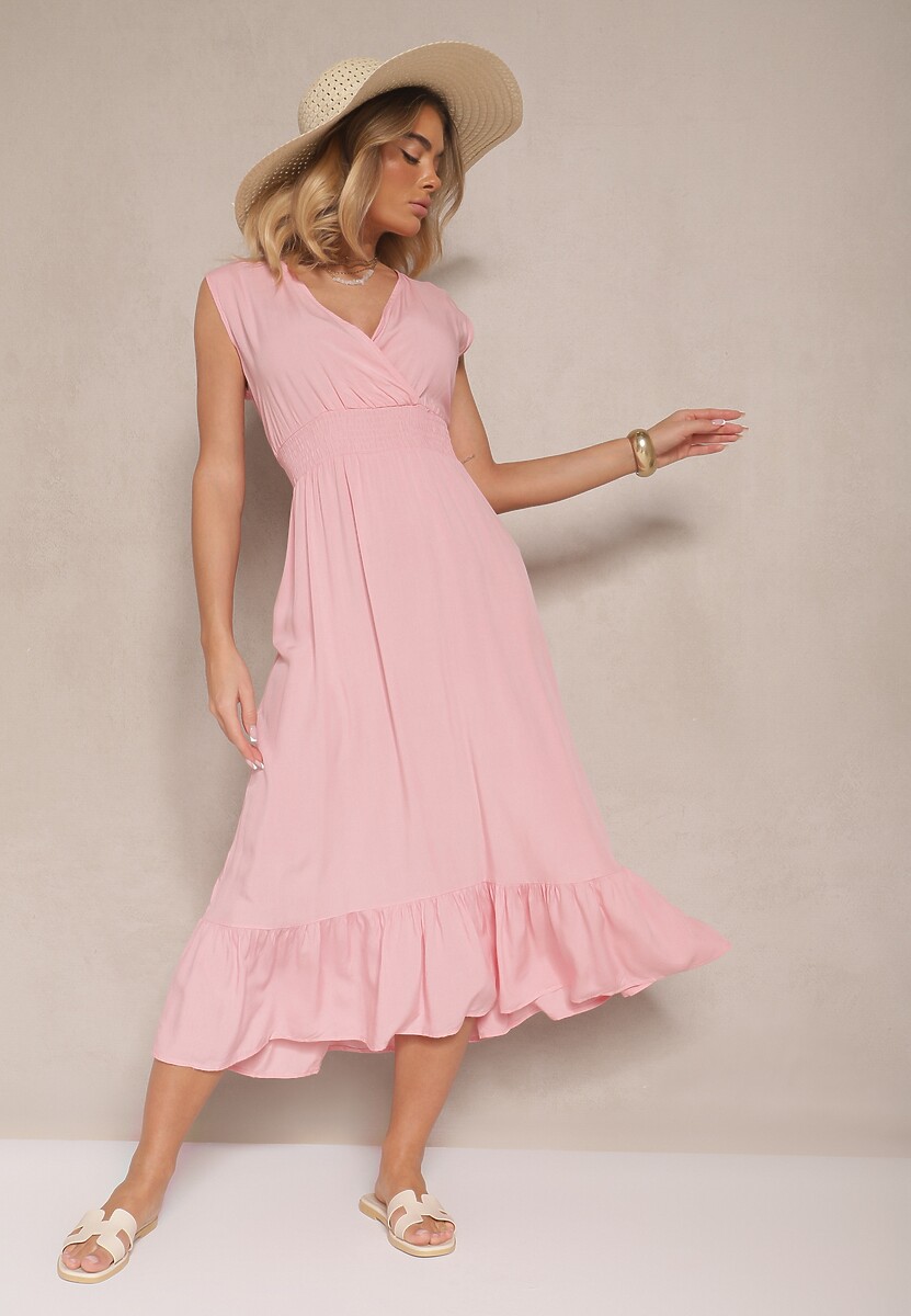 Beżowa Kopertowa Sukienka z Wiskozy Zdobiona Falbanką Ularisela