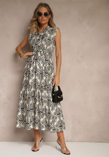 Czarna Sukienka z Wiskozy Bez Rękawów z Paskiem z Wiązaniem Filanesse