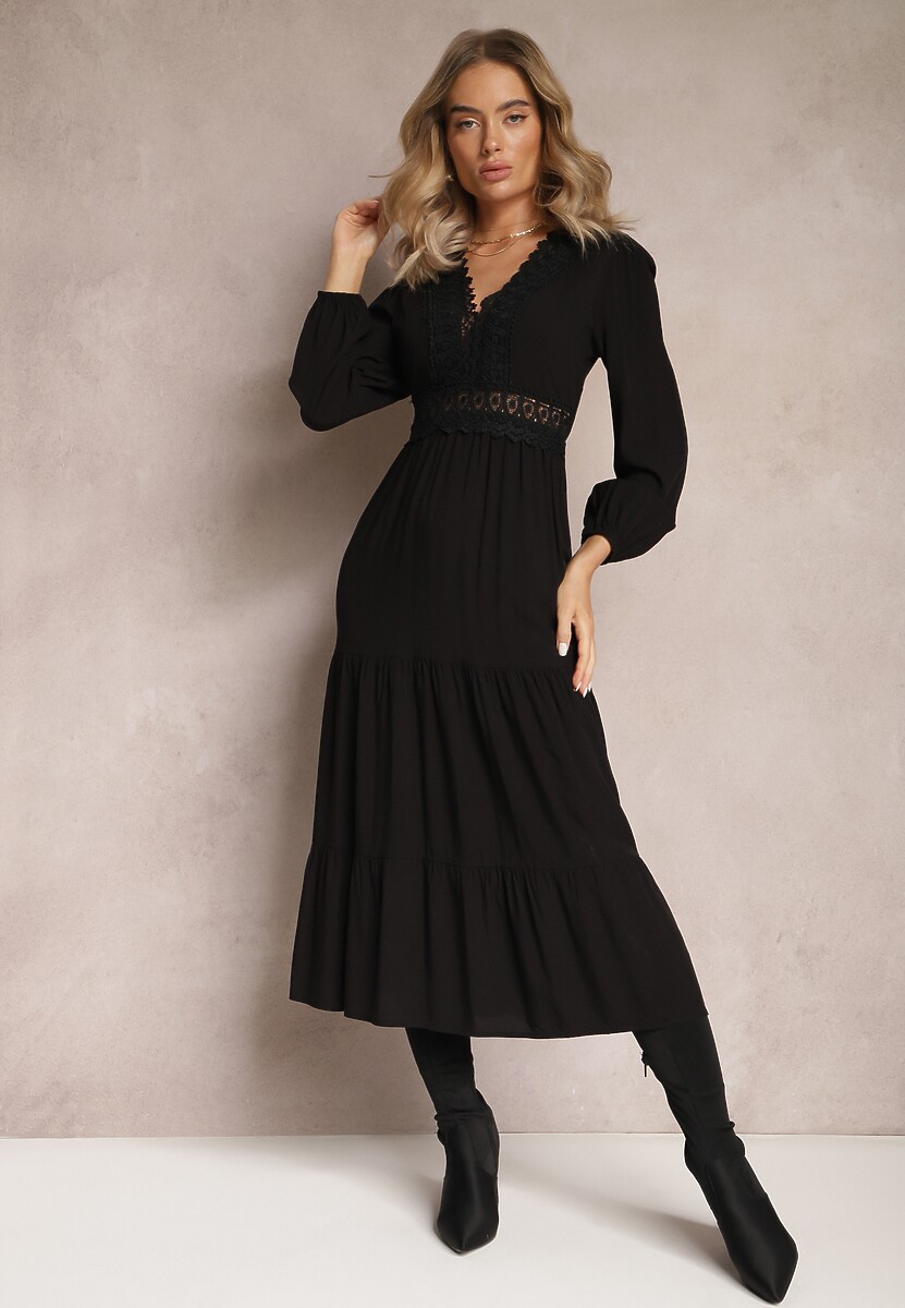 Beżowa Sukienka Rozkloszowana z Falbanką i Koronką Kiaya