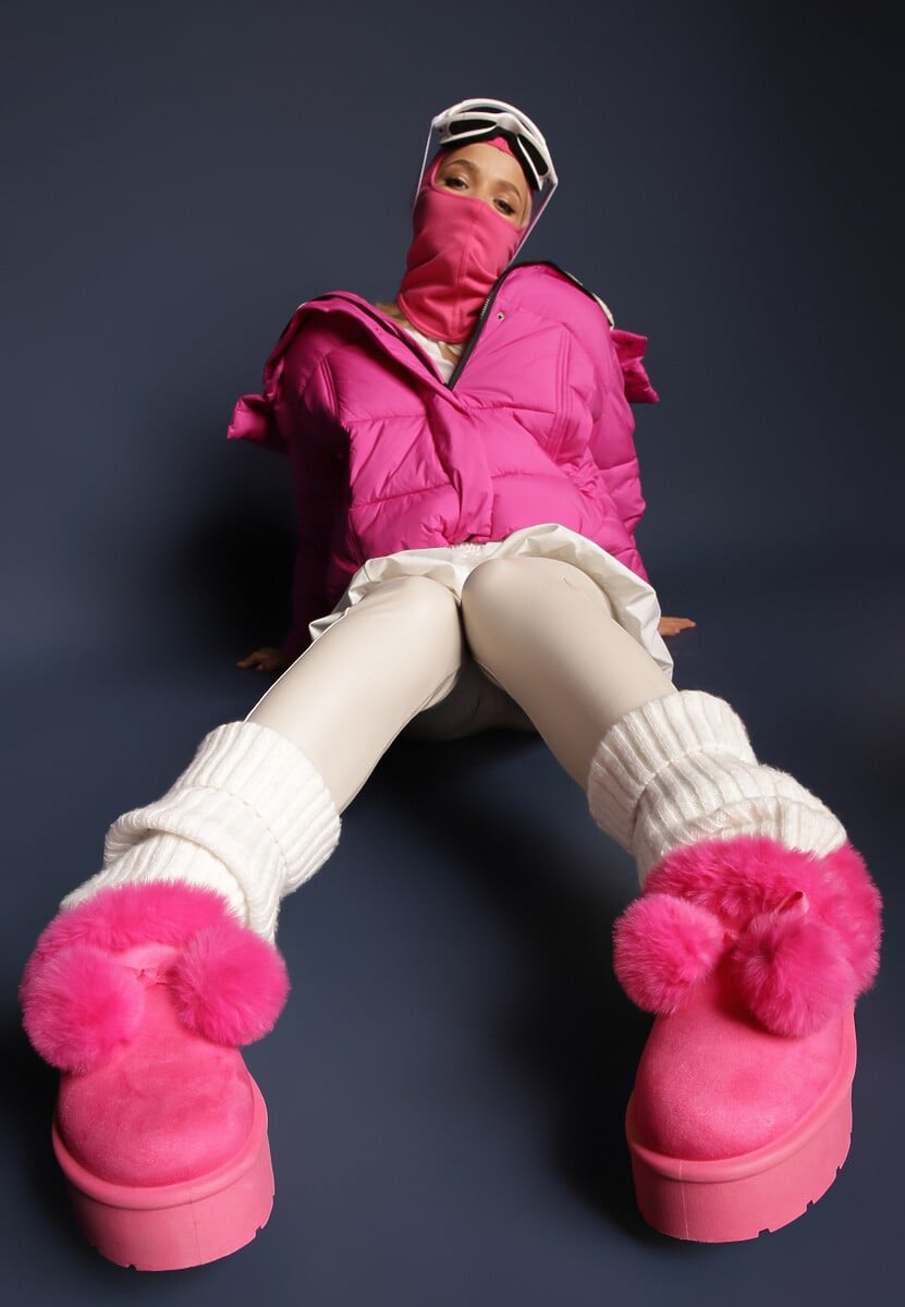 Fuksjowe Śniegowce na Platformie z Pomponami i Ozdobnym Sztucznym Futerkiem Iriviane