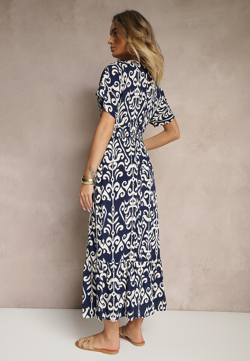 Niebieska Wiskozowa Sukienka z Abstrakcyjnym Wzorem Tuledia