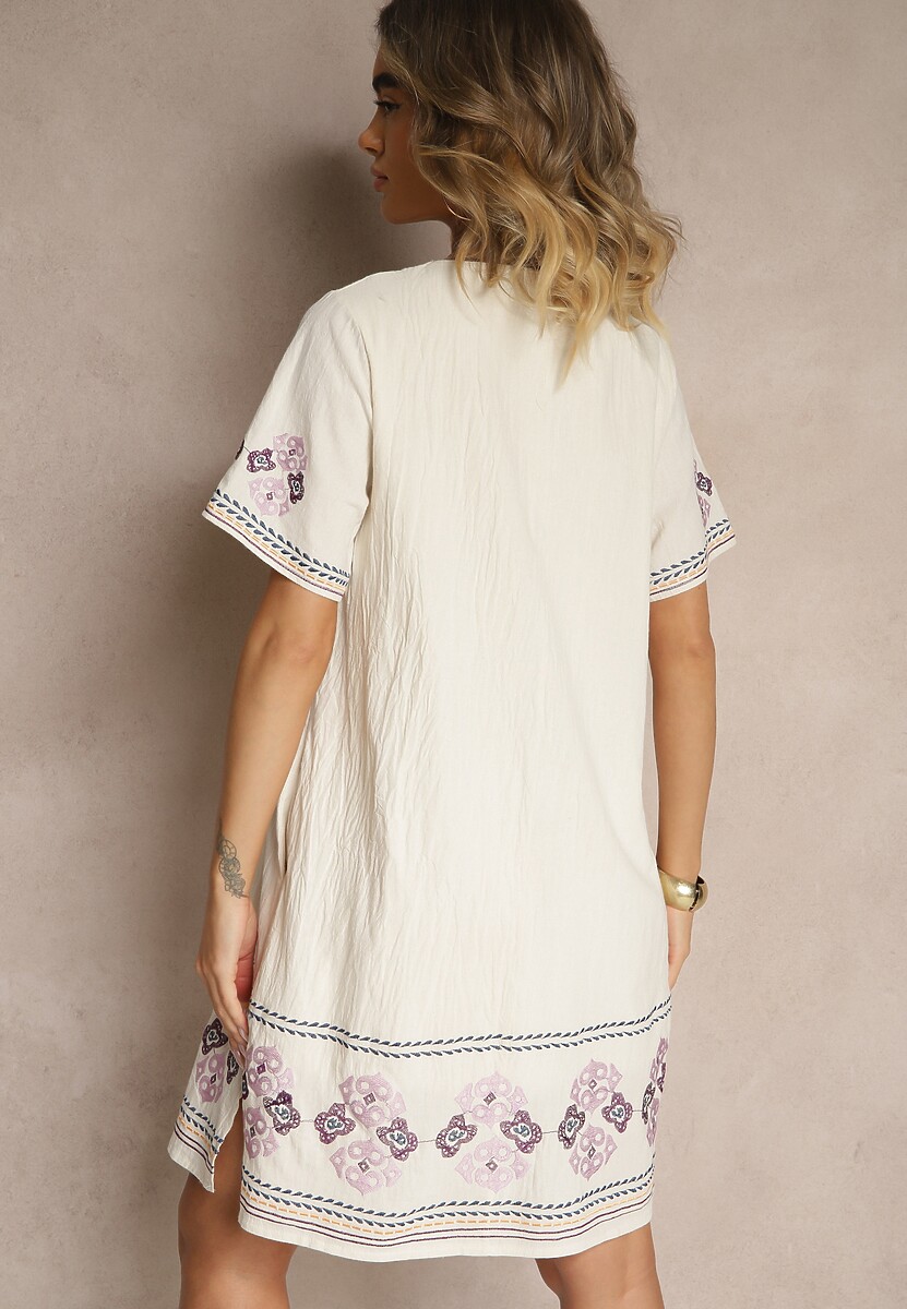 Fioletowa Pudełkowa Sukienka z Bawełny w Hafty w Stylu Boho Felkio