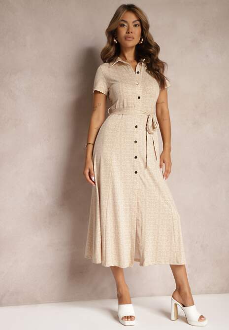 Beżowa Rozkloszowana Sukienka o Koszulowym Kroju z Guzikami i Materiałowym Paskiem w Talii Lranea