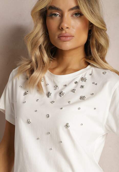 Biały T-shirt z Bawełny Ozdobiony Cyrkoniami Askadia
