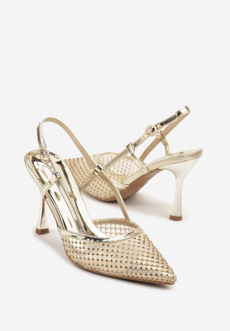Złote Sandały na Szpilce Vices z Siateczkową Cholewką z Cyrkoniami Liramire