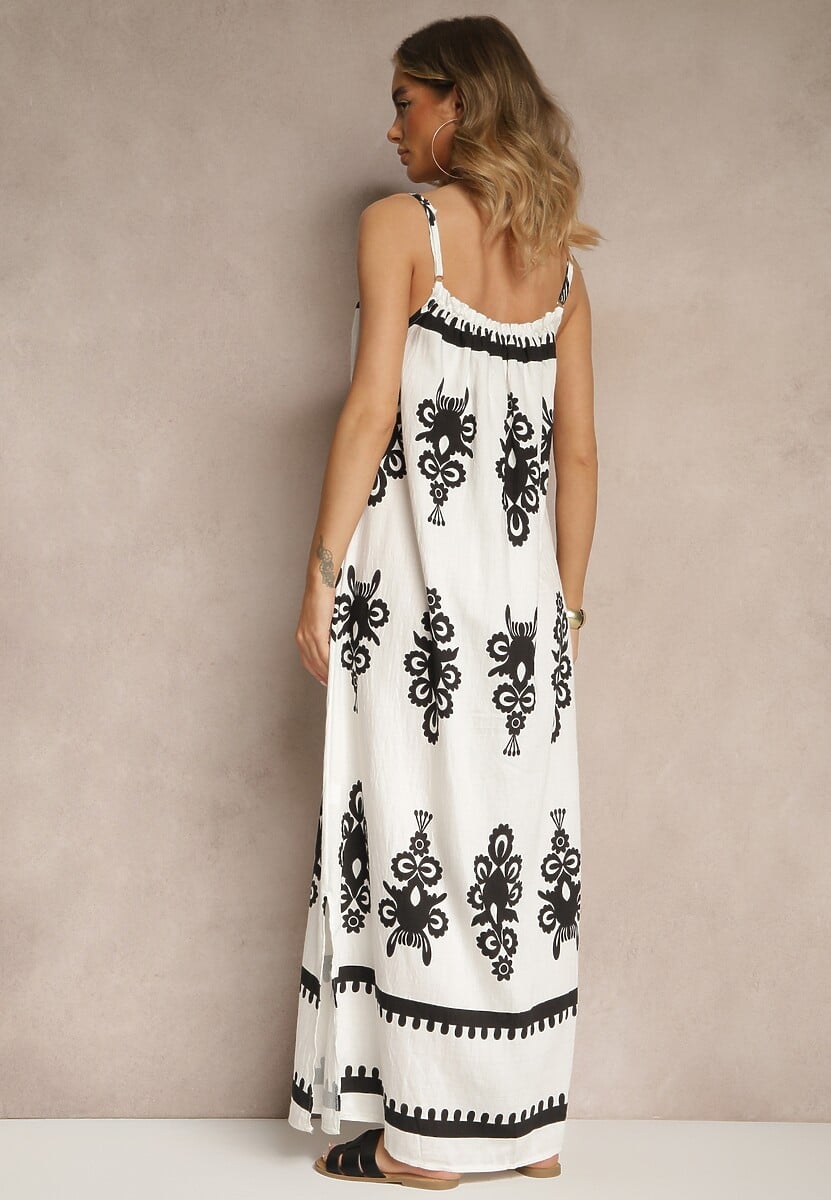 Biała Rozkloszowana Sukienka na Ramiączkach w Ornamentalny Print Reveleine