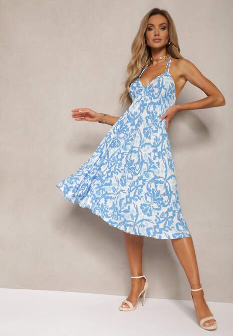 Niebieska Sukienka z Kopertowym Dekoltem na Ramiączkach Wiązana na Szyi Ieviana