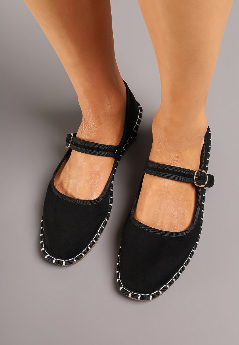 Czarne Balerinki Espadryle z Przeszyciami i Paskiem Firionea