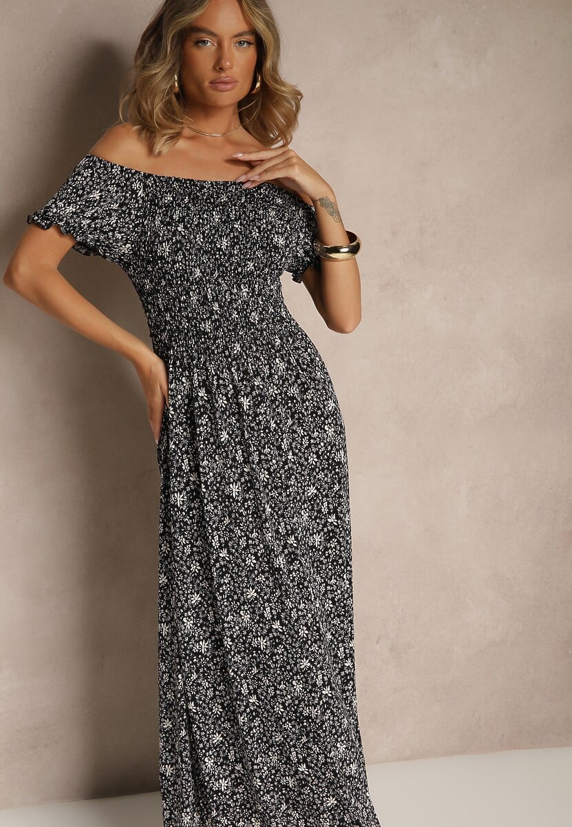 Granatowa Kwiatowa Sukienka z Bufiastymi Rękawami Lumorelle