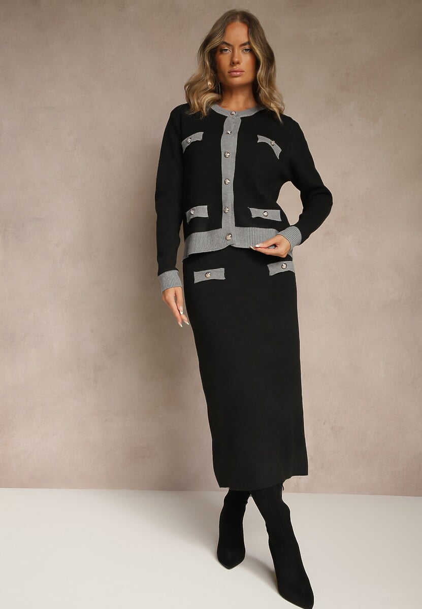 Czarno-Szary Sweterkowy Komplet z Dzianiny z Bawełną Kardigan i Spódnica Derrive