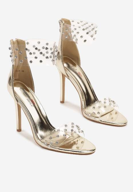 Złote Sandały na Szpilce Ozdobione Przezroczystymi Paskami i Cyrkoniami Lioleva