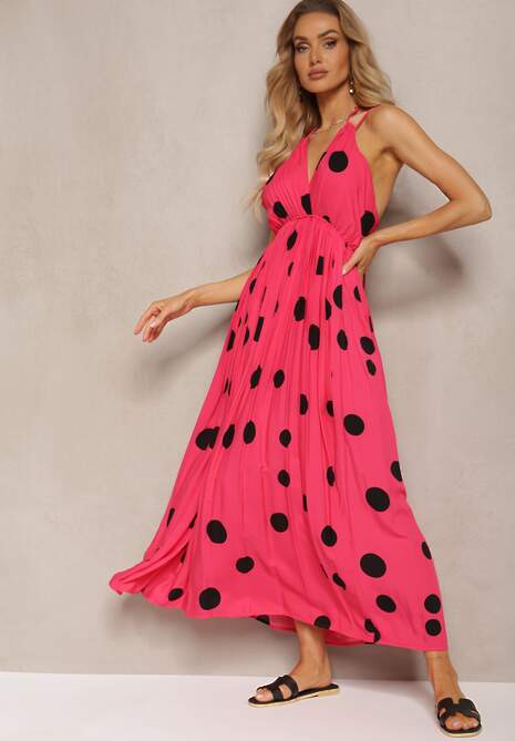 Fuksjowa Wiskozowa Sukienka z Gumką w Pasie i Wiązaniem na Szyi i Plecach Kamaries