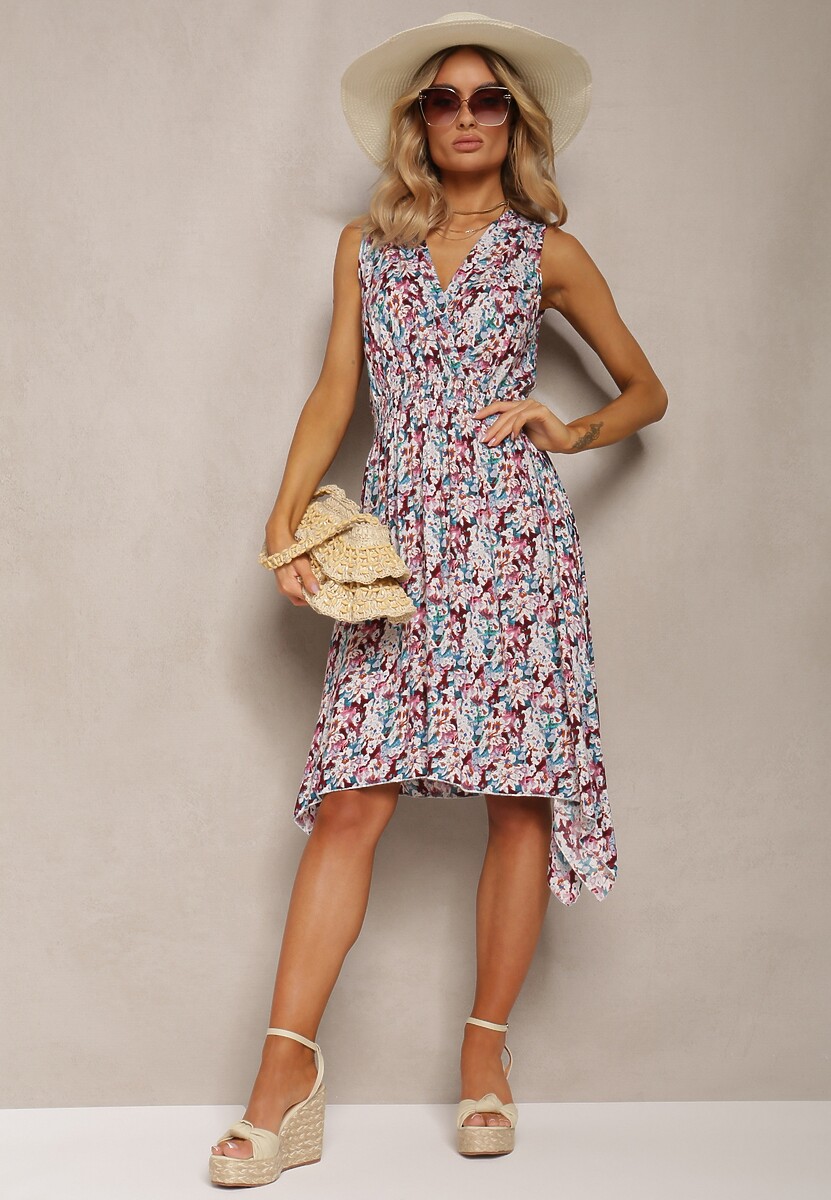 Beżowo-Bordowa Kwiecista Sukienka z Bawełny o Kopertowym Dekolcie i Rozkloszowanym Fasonie Crosa